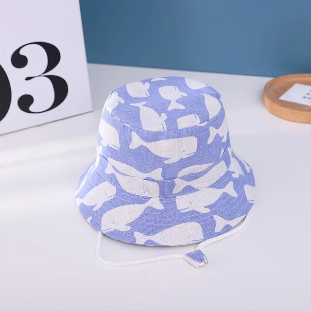 Summer Children Cotton Cartoon Bucket Cap For Boys Printing Floral Baby Girls Sun Hat Flower Kids Bonnet blue wale