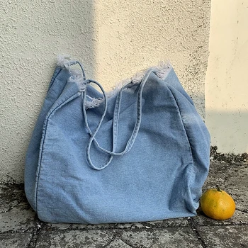 

Designer Vintage Denim Canvas Bag Brand Tassel Handbags Student High Capacity Shoulder Bag Women Large Casual Tote Shopping Bags