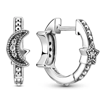 

Authentic 925 Sterling Silver Earring Crescent Moon & Stars Beaded Earrings With Crystal For Women Gift Fine Europe Jewelry