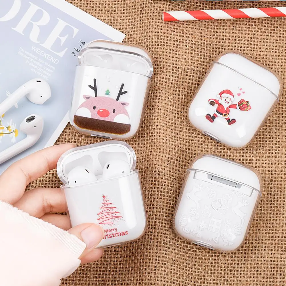 

Transparent Earphone Case For Apple Airpods Hard PC Case Merry Christmas Headset Cover Skin Cute Cartoon Santa Deer Elk Gift