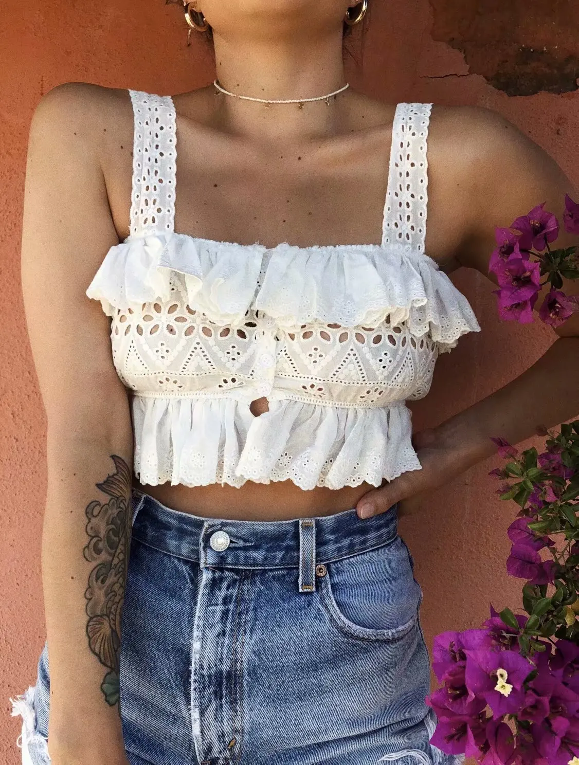 Boho вышитый кружевной топ без рукавов летняя рубашка Женская сорочка сексуальный тонкий кроп Топ майки-ками женские ремни пляжные Blusas