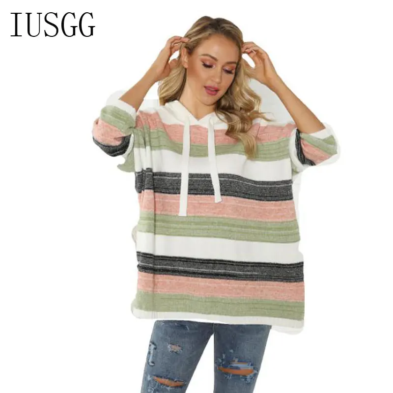 

Top Quality Knitted Hoodies Women Striped Sweatshirts Knitting Pullover Ladies Loose Hoody Knitwear Female Loose Clothing