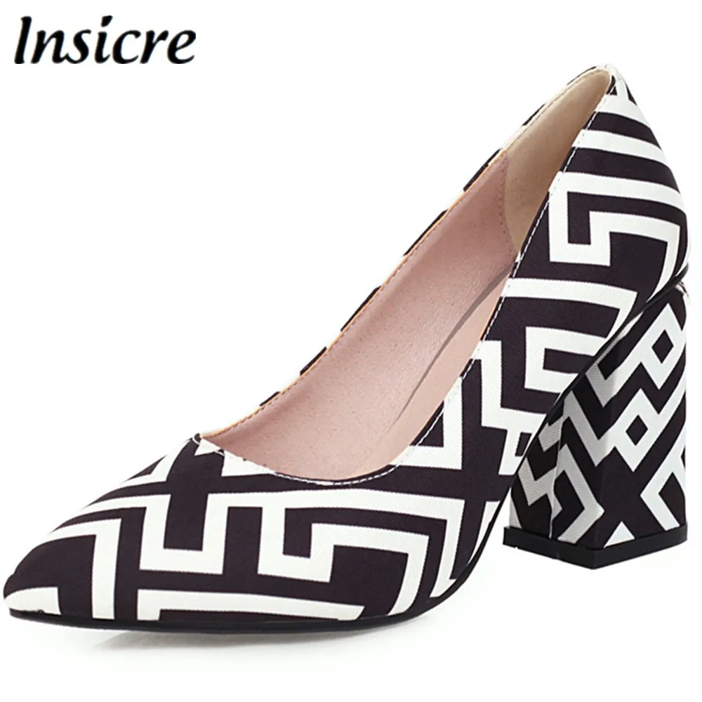 

Insicre Women Pumps PU Leather Maze Pattern 2020 Spring Thick Heels 8.5 cm Pointed Toe Slip On Female High Heel Shoes Fashion