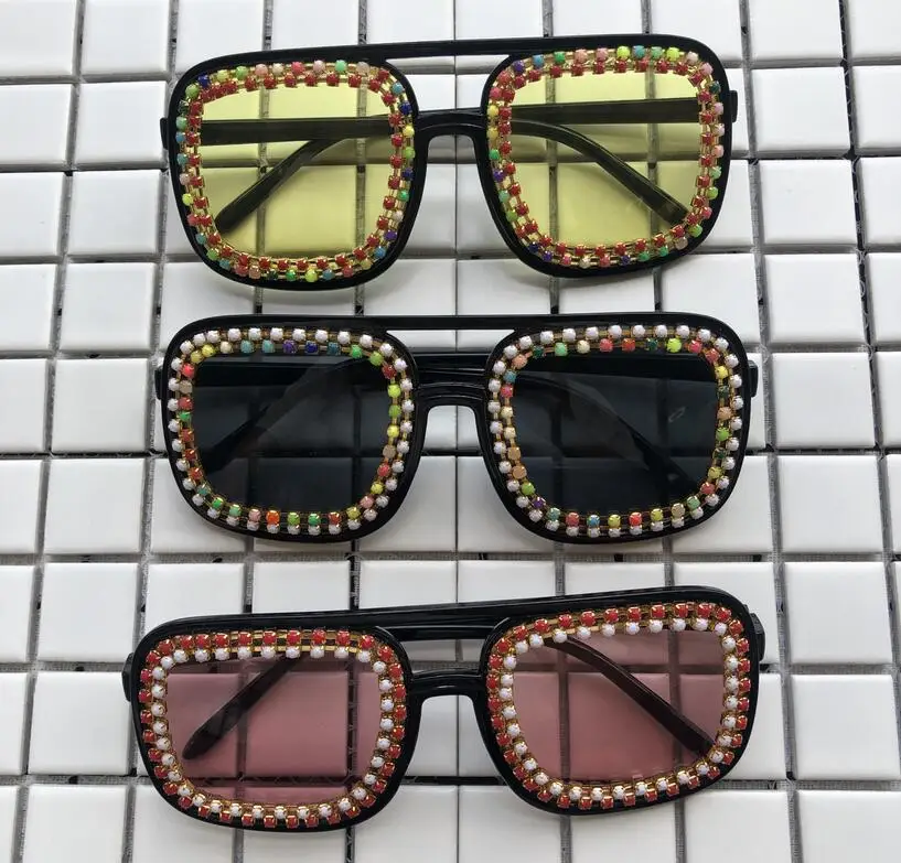 

2019 New Designer Oversize Square Men Women Sunglasses Rainbow Beads Handmade Eyewear Clear Lens Eyeglass UV400 Big Shades Gafas