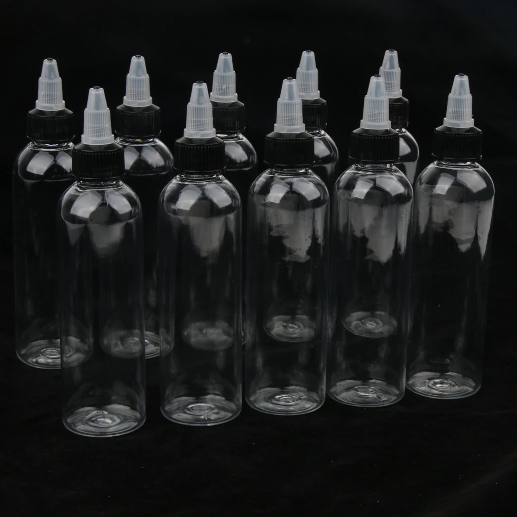 10 Pcs Empty Plastic Bottles with Twist Top Cap for Solvents Oils Paint Ink Liquid Gule 120ml Clear Bottle Tattooing Accessories