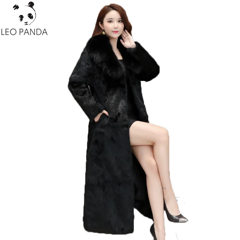 

2019 autumn winter women's new high quality rabbit fur coat female coat long windbreaker fox fur collar coat large size 4XL