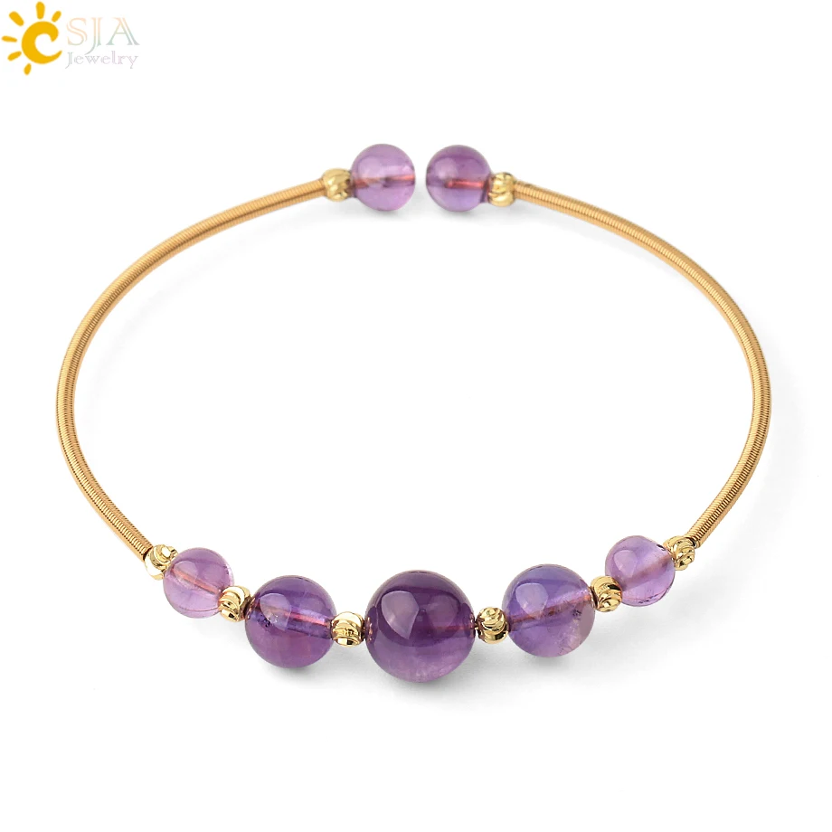 

CSJA Natural Crystal Bangles Wire Wrap Round Stone Ancient Gold Color Cuff Bracelets for Women Girls Trendy Jewelry Pulsera G564