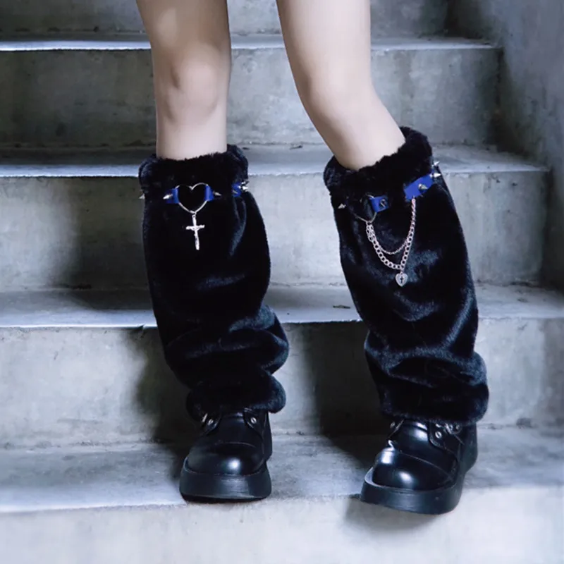 

Woman Leg Warmers Lolita Autumn Winter Plush Foot Covers Gothic Leather Buckle Fashion Warm Leg Slouch Socks