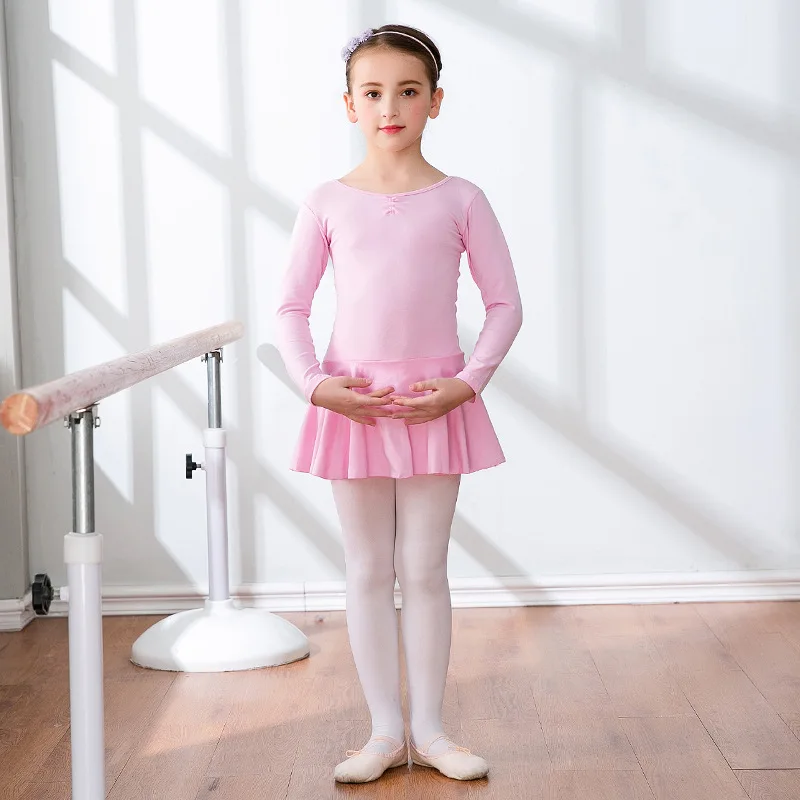 Pink - Long sleeves Детское балетное платье танцевальный костюм юбка для тренировок Детская Хлопковая одежда для танцев с длинными рукавами для девочек, высокое качество, одежды - Цвет: Pink - Long sleeves