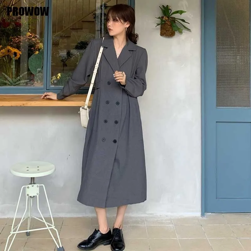 One-Piece Overcoat Dresses For Female 2020 Autumn New Korean Slim Double Breasted Waist Long Sleeves Windbreaker Jacket Women