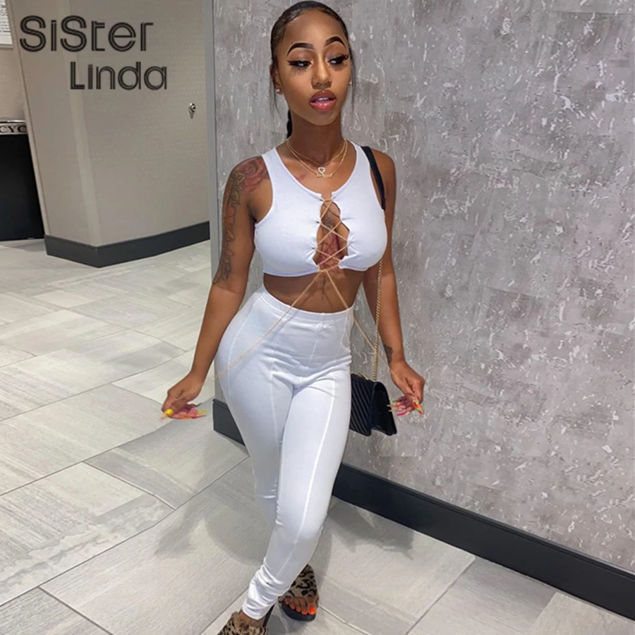 Sisterlinda Lace Up Hollow Out Sportwear Women Matching Set Sleeveless Fashion White Sexy Club 2Piece Outfit Tank Top Pants Suit |