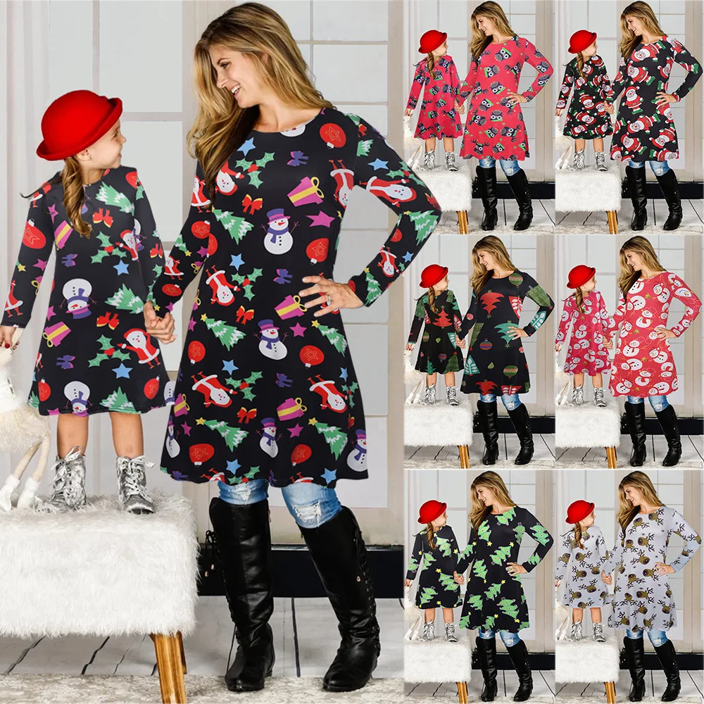 

Autumn and Winter Parent-child Round Neck Dress Christmas Printing Knee-Length Long-sleeved Dress for Both Women and Kids