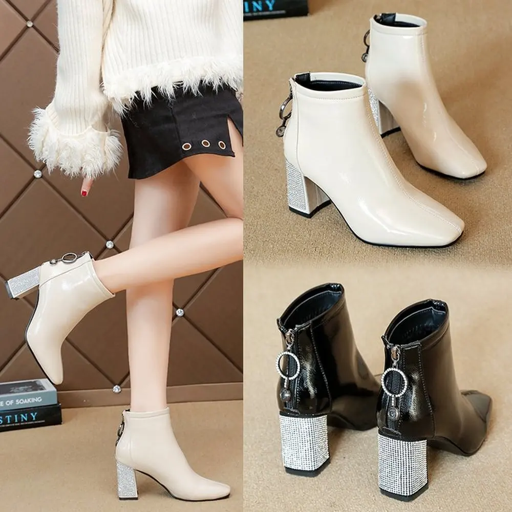 

Women 2019 autumn and winter new British wind square head boots thick with high heels ladies back zipper warm boots Martin boots