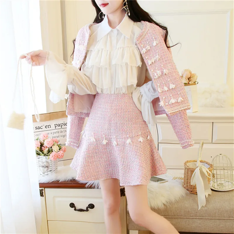 pink set and shirt SWEETXUE осенне-зимний элегантный милый женский костюм с объемным цветком и бусинами короткая куртка топ+ мини-юбка твидовый комплект - Цвет: pink set and shirt
