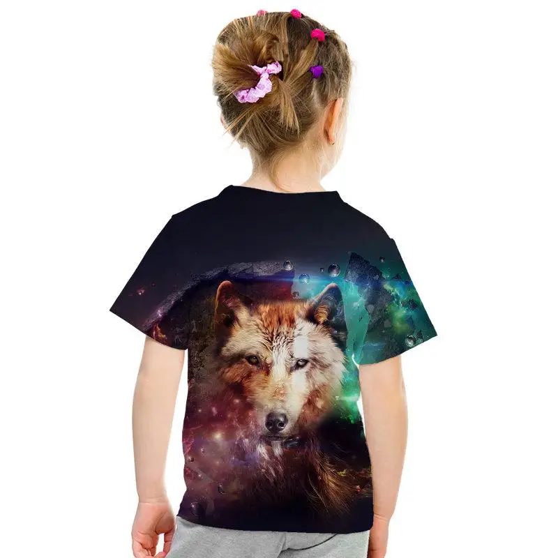 Camiseta de manga corta con estampado de lobo de leopardo de manga corta para nios y nias con estampado 3D De Len animal