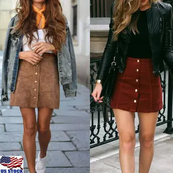 

2019 Women High Waist Button Suede Leather Skirts Pocket Preppy Short Mini Skirts