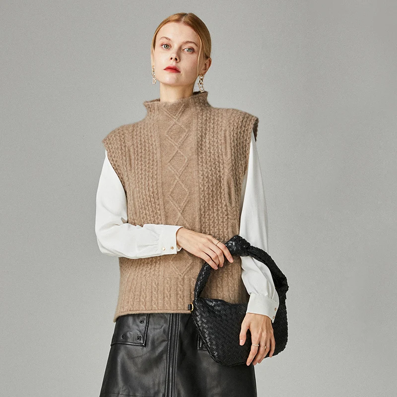 

Retro Twist Thickening Women's Loose Hedging Elegant Outside Fashion New High-Neck Sleeveless Pure Cashmere Knitted Sweater Vest