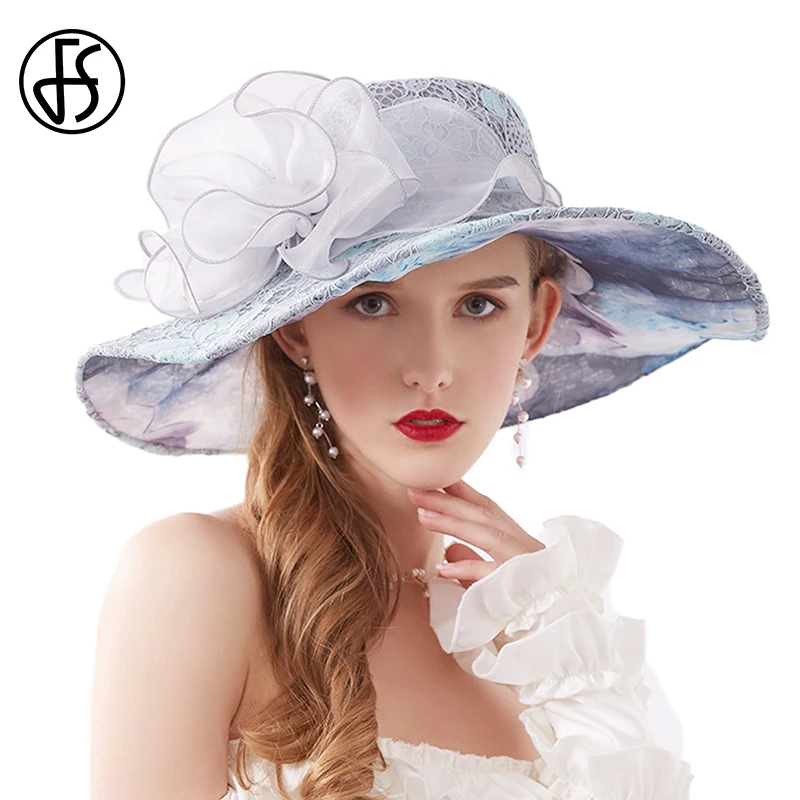 Женская шифоновая кружевная шляпа FS белая с широкими полями и цветами для церкви