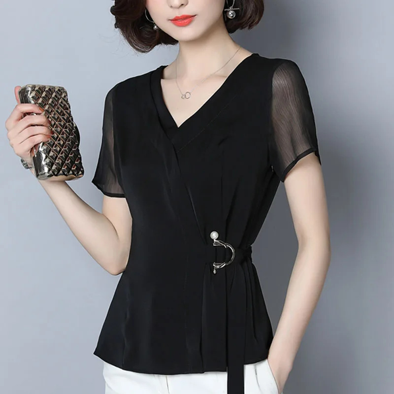 

Women blouse and tops 2019 Blusas mujer de moda black shirts plus size 3XL ladies tops Sequined chiffon blouse Solid V-Neck 0003