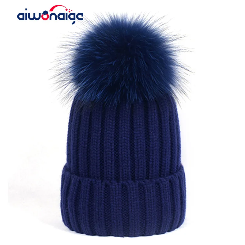 

2019 new women's winter hat raccoon fur pom-pom cotton cap solid color striped casual ladies peas high quality cotton knit hat