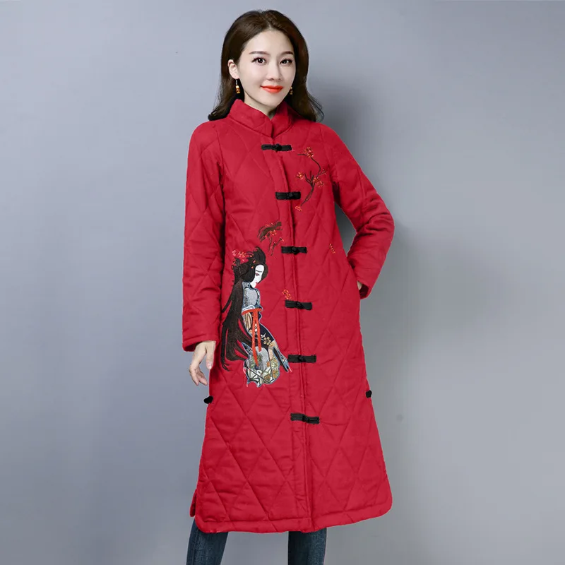 

Photo Shoot Ethnic-Style Embroidered Female Winter Retro Chinese Costume Long Cotton-padded Clothes Thick Warm Coat Women's Chin