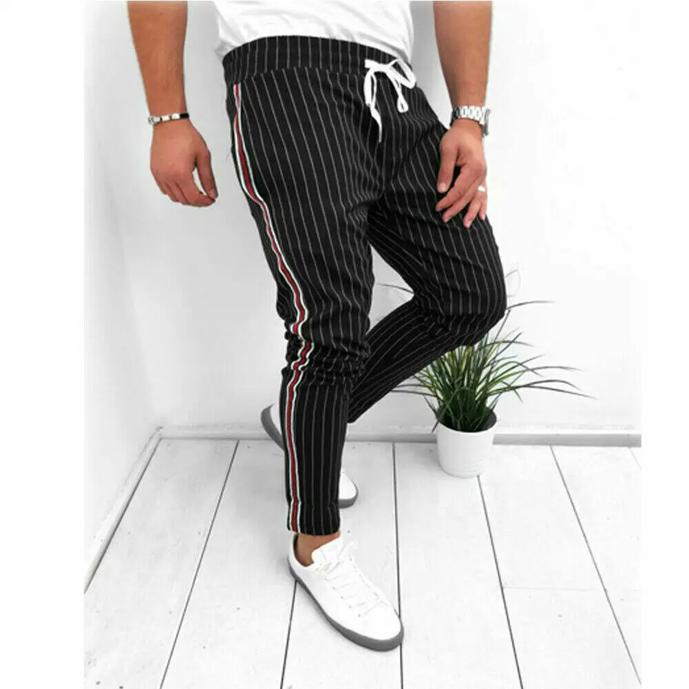 Модные мужские повседневные штаны длиной до щиколотки с эластичным ремешком, полосатые спортивные штаны для бега, фитнеса, длинные штаны - Цвет: Черный