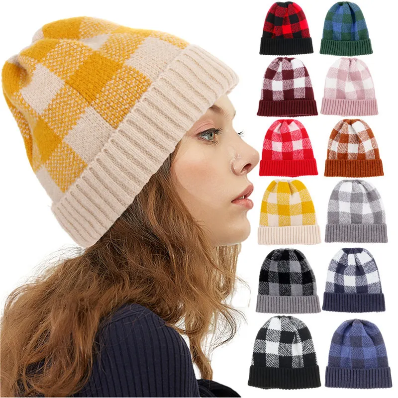 

2019 New Women Clothing Knit Hat Girl Autumn and Winter Plaid Wool Hats Piledup Cap Warm Baotou Hat Fashion Ladies Winter Caps