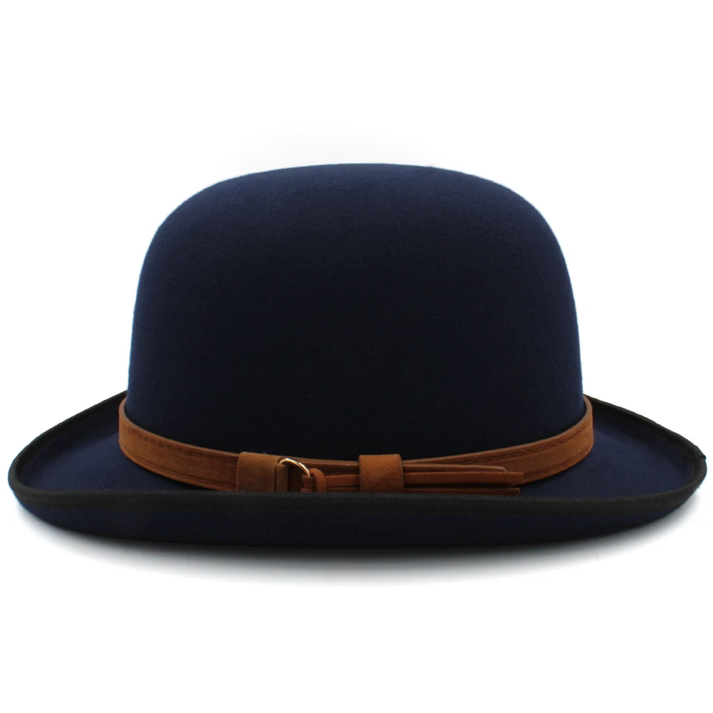 Men Women Oval Top Classical Wool Bowler Hat Roll Rim Derby Cap Sunhat Party Street Style Adjustable Size US 7 1/8-7 3/8 UK M-L blue fedora hat