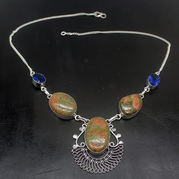 

Rare Stylish Natural Green Unakitee Silver Color Women Necklace Chain 19 Inch HD262