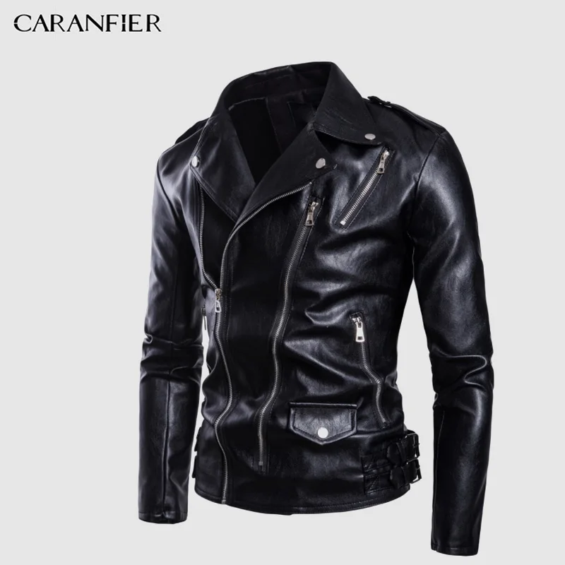 CARANFIER, мужские кожаные куртки, осенняя куртка-бомбер, мотоциклетная куртка на молнии, облегающее пальто в стиле панк, ветрозащитная верхняя одежда с карманами, Chaqueta Hombre