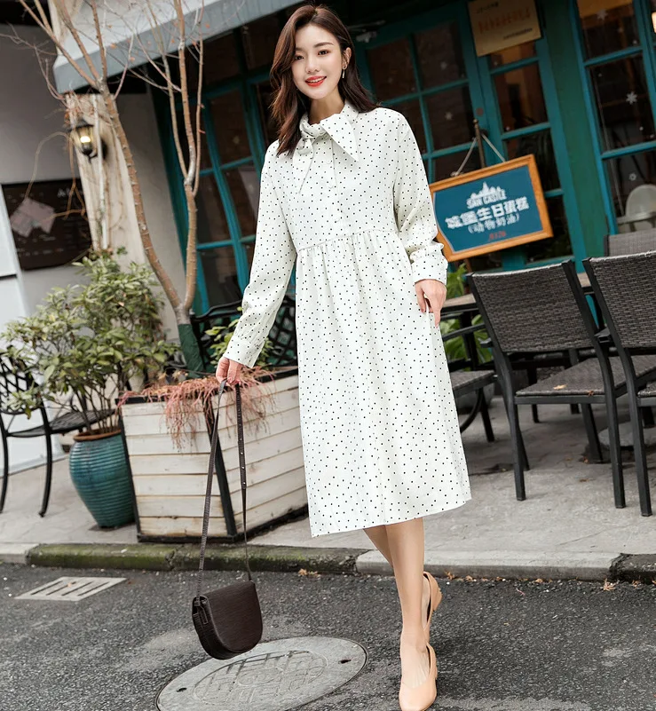 

Spring Fold-down Collar Bow Shirt Polka Dot Dress Women's Korean-style Hipster Base Mid-length Skirt S26278