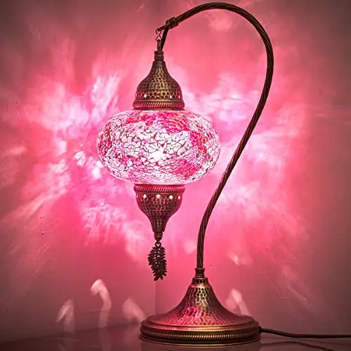 Lampe en mosaïque colorée fait à la main de 19 pouces, Style anglais  marocain, Style Tiffany, pour Table de chevet, Table de chevet, nuit, col  de cygne, abat-jour rose