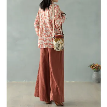 

2020 Spring new ramie digital printed shirt female retro literary loose long sleeve shirt casual turn-down collar full tops