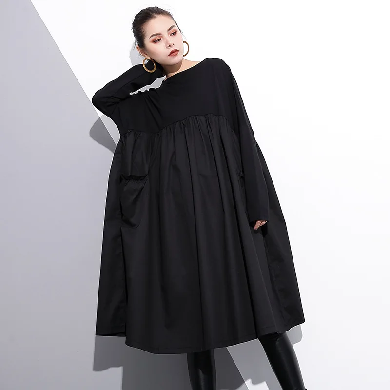 Fashion Black Autumn/Spring Women Dress Slash Neck Long Sleeve Patchwork Plus Size Loose Fit A-Line Pockets Female Casual | Женская