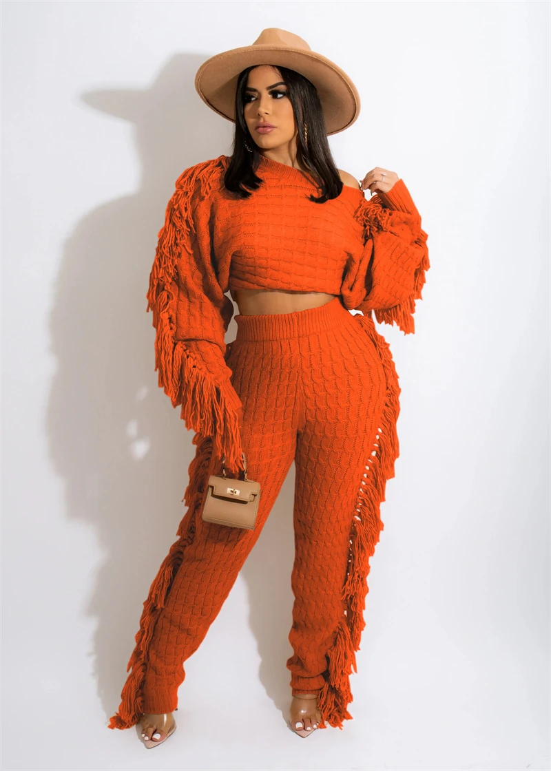 Ronikasha New Woman Tassel Sweater Two Piece Set Solid Long Sleeve Crop Top + Pants Fashion Autumn Winter Suits Tracksuit Outfit red jogging suit