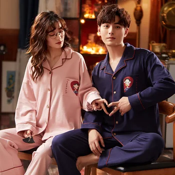 

Couple Cotton Pajamas Pyjamas Set Long Sleeve Sleepwear Pijama Homewear Women And Men Sleep 2PC Set Loungewear Plus Size Pjs