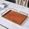 European Modern Simple Accents Home Tabletop Rectangle Shape Orange Leather Storage Tray With Gold Plating Metal Standing Way 1