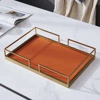 European Modern Simple Accents Home Tabletop Rectangle Shape Orange Leather Storage Tray With Gold Plating Metal Standing Way 1