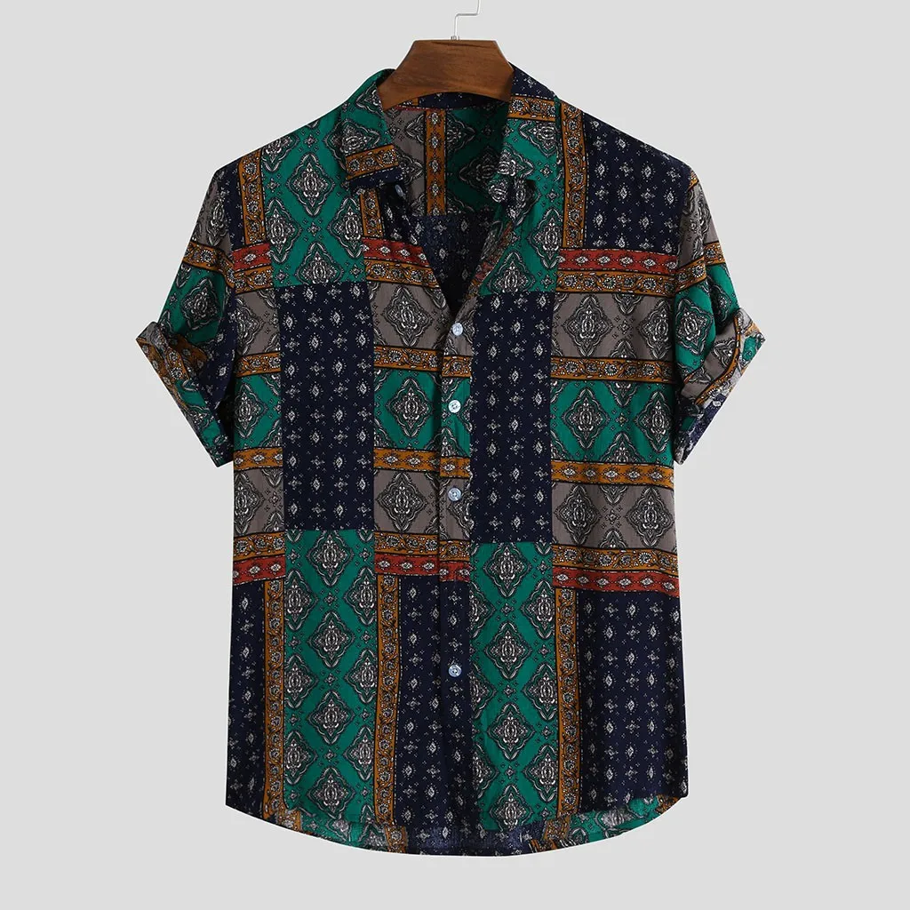 

Mens Ethnic Style Summer Short Sleeve Loose Buttons Casual Shirt Tops Turn down collar Retro Baggy Slim Fit loose fashion Blouse