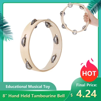 

8" Hand Held Tambourine Bell Wood Headless Tambourine Bell with Metal Single Row Jingles Educational Musical Toy for Children