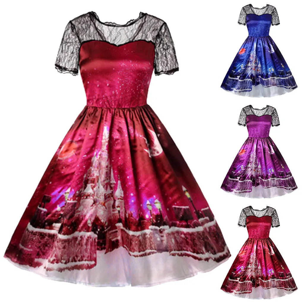 

Fashion Women Printing Splicing Lace Cultivation Large Type Evening Party Dress Christmas Dres