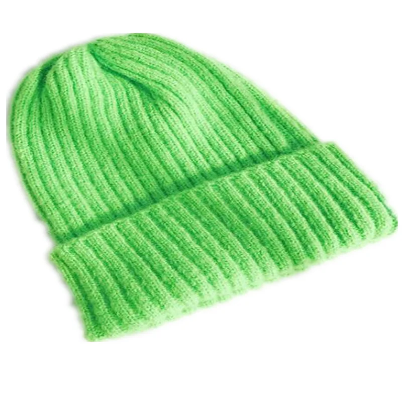Neon Green Женская однотонная Шапка-бини для девочек, женская вязаная мягкая теплая зимняя шапка в рубчик, Женская неоновая желтая зеленая фуксия оранжевая шапка - Color: Neon Green