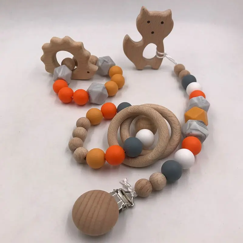 3 Pcs/set Baby Nipple Clip Silicone Wooden Bracelet Newborn Teether Pacifier Chain Chew Molar Toy