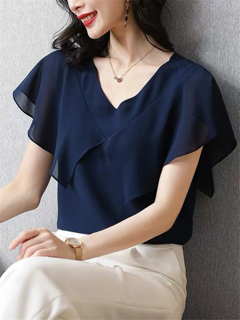 Artículo caliente Las mujeres de gran tamaño camisa de verano M-6XL 7XL 8XL sólido gasa blusa de talla grande de las mujeres con cuello en V Oficina blusas Tops mujer qxQKMLQ98Nz