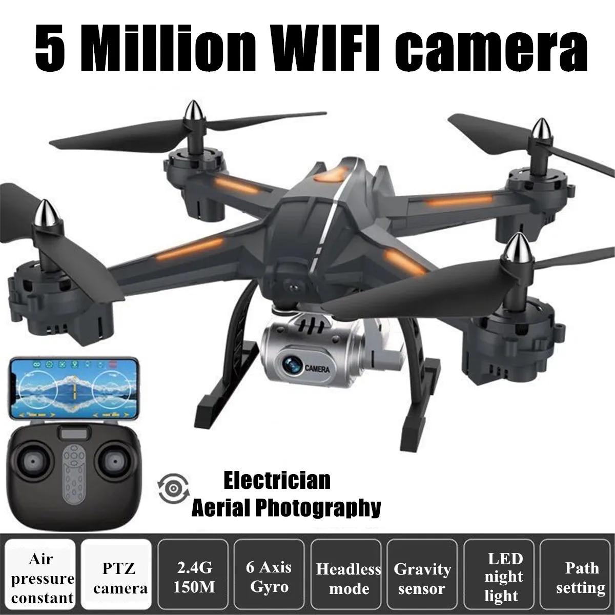 Gps FOLLOW ME wifi FPV Квадрокоптер Дрон с 1080P HD широкоугольная камера Складная Высота удержания прочный Радиоуправляемый Дрон - Цвет: Черный