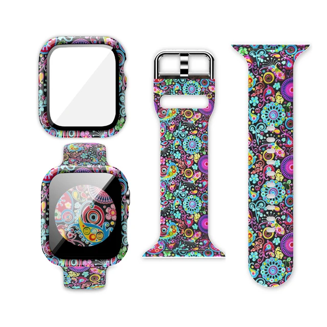 Case+Bands for Apple Watch Band 44 40 42 38mm with Screen Protector Cover, Glass+Silicon Wristband Strap for iWatch SE 654321 Ferris Wheel