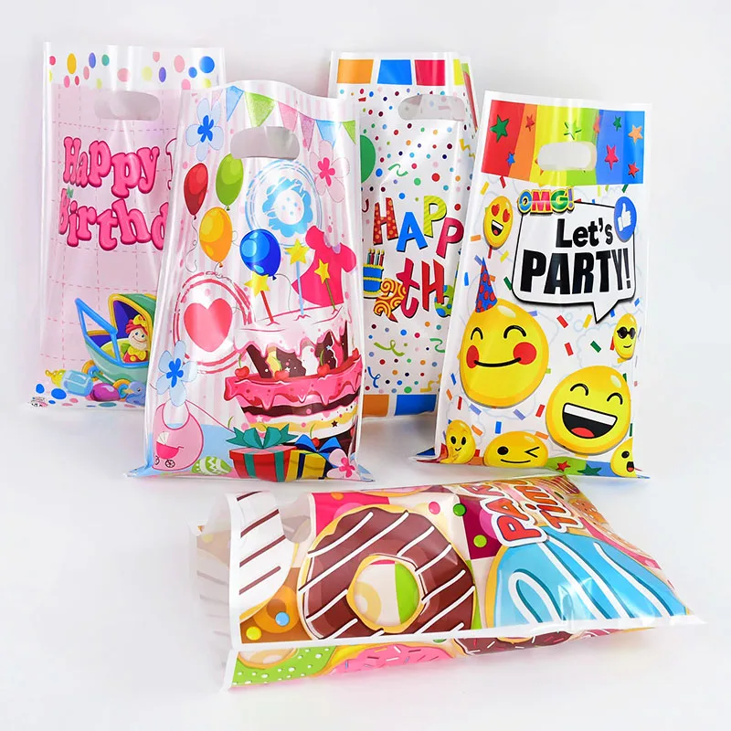 10pcs Printed Gift Bags Happy Birthday Plastic Candy Bag Child Boy Girl Kids Birthday Party Baby Shower Favors Supplies Decor