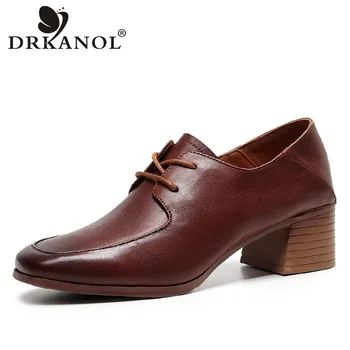 

DRKANOL British Style Women Shoes 2020 Spring Autumn Genuine Leather Thick Heel Office Shoes Women Pumps Retro Casual Shoes