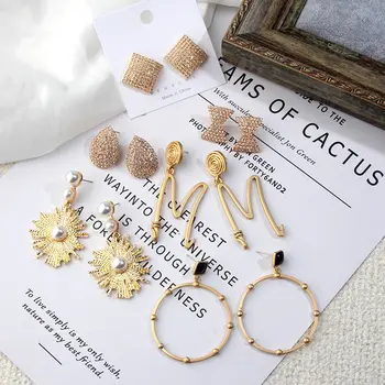 

Flatfoosie Luxury Crystal Drop Earrings For Women Geometric Round Gold Color Metal Letter Statement Dangle Earrings Accessories