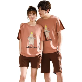 

Unisex Adult Couple Pajamas Men Pajama Set Thin Pure Cotton Female Sleepwear Summer New Cute Animal Cartoon Home Service Pyjamas